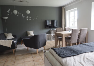 Der Wohnbereich der Ferienwohnung mit Sofa, Sessel, Sitzbank, Esstisch, Stühlen und Fernseher.