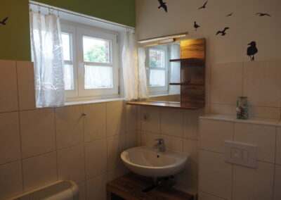 Das Badezimmer mit Waschbecken und Toilette in der Ferienwohnung.